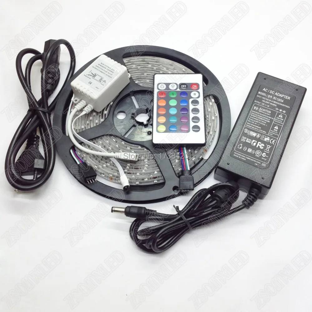 RGB led strip Light 3528 5M 300led fita Led Lamp 12V Ribbon +24key IR remote controller + 3A Power Adapter EU/US Plug ,Free Ship