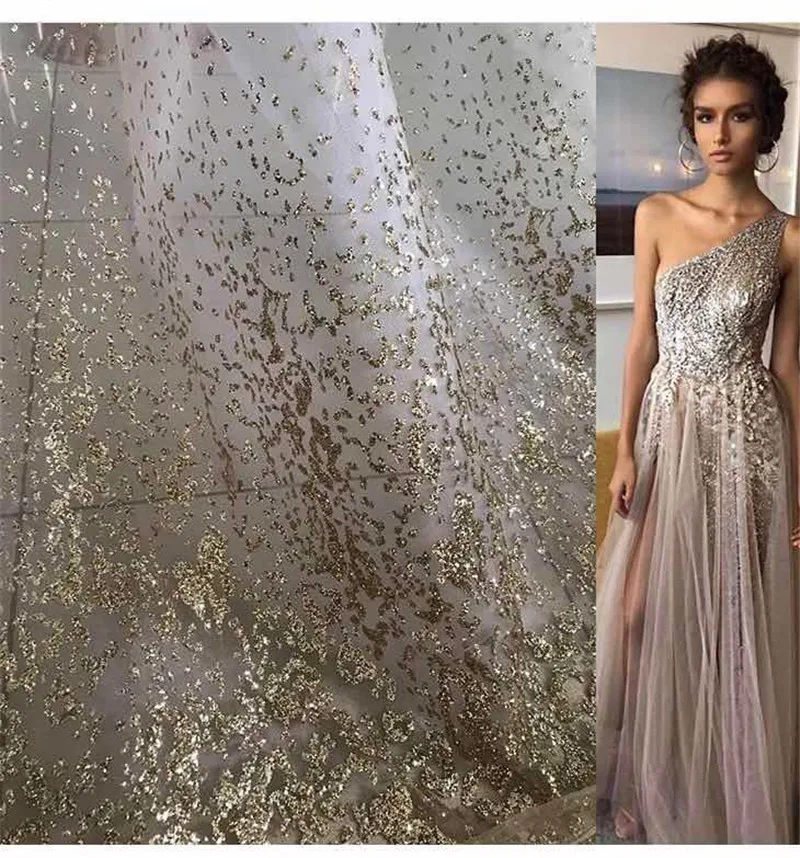 H-82109 hand printed New design african sequins tulle mesh fabric sparkly glued glitter sequins lace fabric in gold color