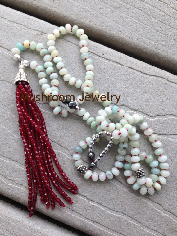 

hand knotted Boho Stone Necklace Aquamarine Stone Rondels Small Tassel Women Necklace Boho