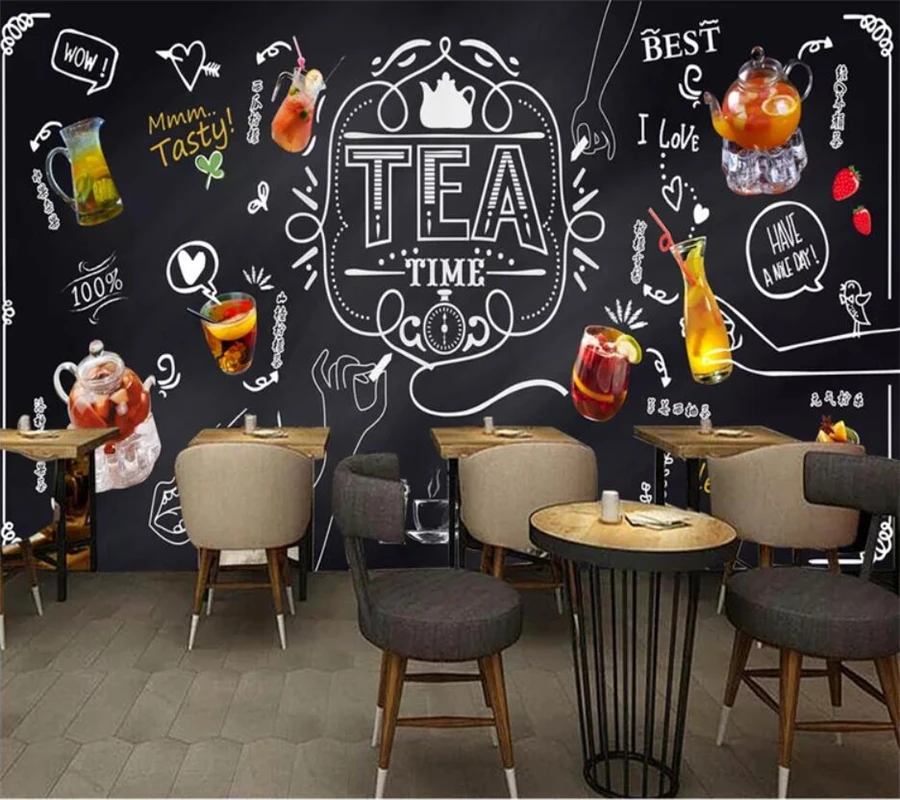 

Custom wallpaper 3D mural hand-painted chalk blackboard fruit tea leisure bar tea shop cafe TV background wall papers home decor