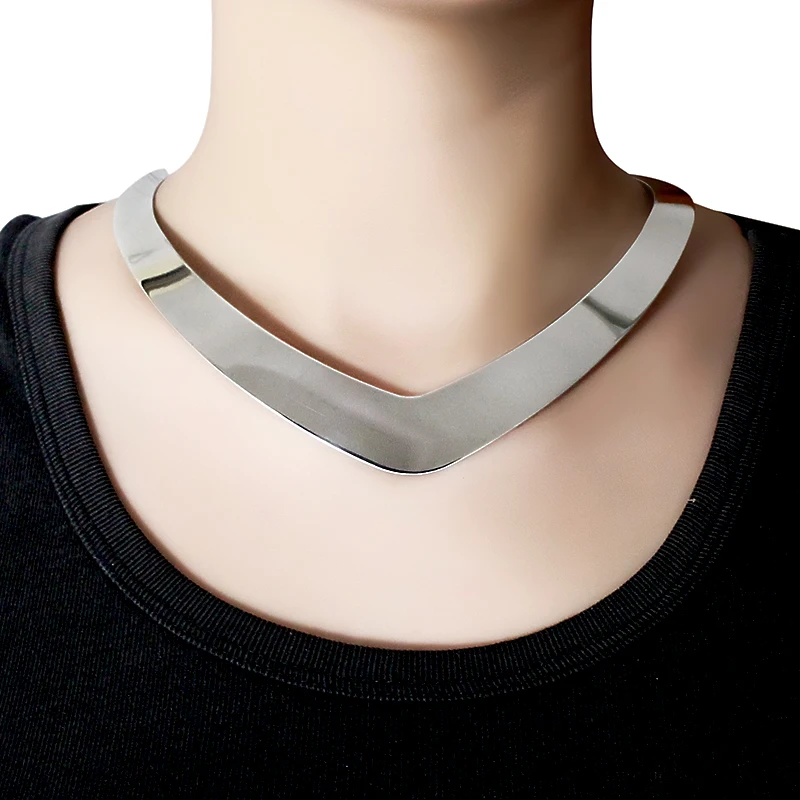 Fashion Jewelry Stainless Steel Necklaces V Shape Bib Collar Torques Necklaces Silver Color For Women Bohemian Short Necklace