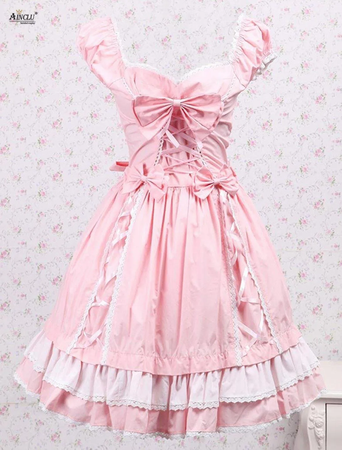 

Apring/Summer Ainclu New Arrival Cemavin Womens Cotton Pink Bow White Lacy Sweet Cute Lady Lolita Dress Free Shipping