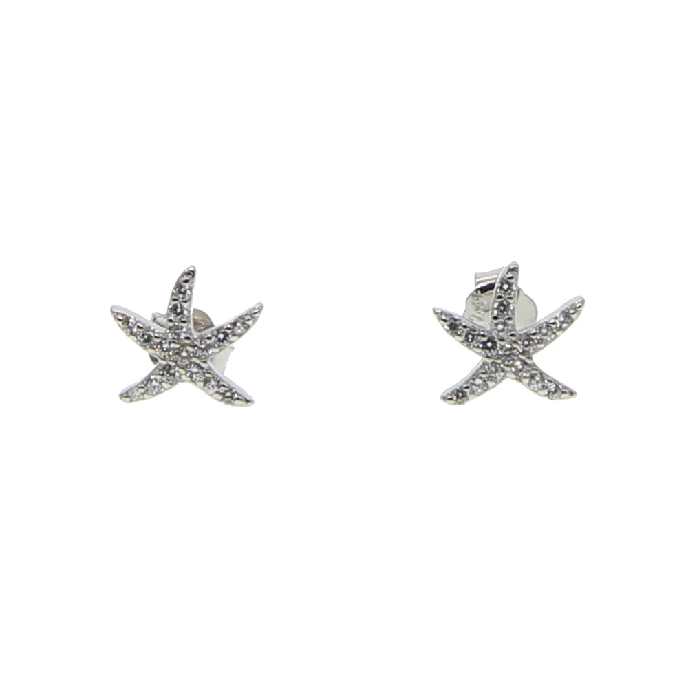 Hot Sale 100% 925 Sterling Silver Star Tropical Starfish Stud Earrings for girl lady, Clear CZ Fashion Jewelry