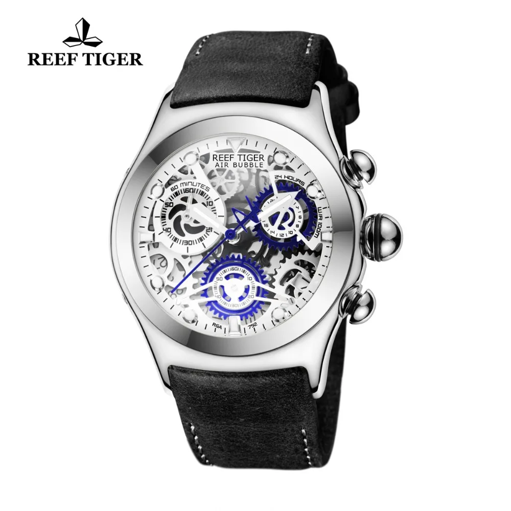 Reef Tiger/RT Casual Sport Watches for Men Blue Skeleton Dial Leather Strap Steel Waterproof Analog Watches Relogio RGA792