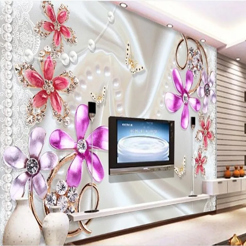 

wellyu Custom large fresco diamond mosaic flowers three - dimensional relief jewelry TV background wall non - woven wallpaper