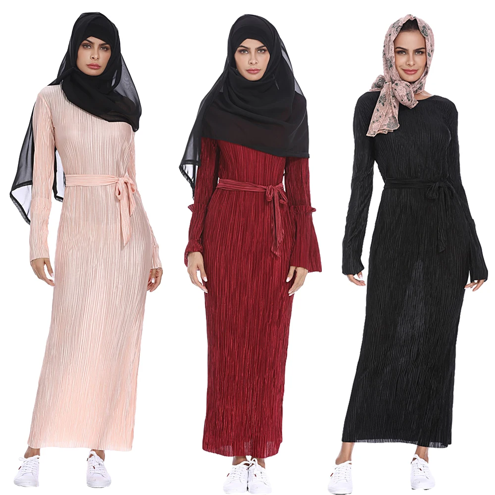 

Muslim Women Pleated Long Dress Maxi Party Cocktail Dresses Islamic Kaftan Dubai Slim Abaya Robe Hijab Dress Casual Middle East