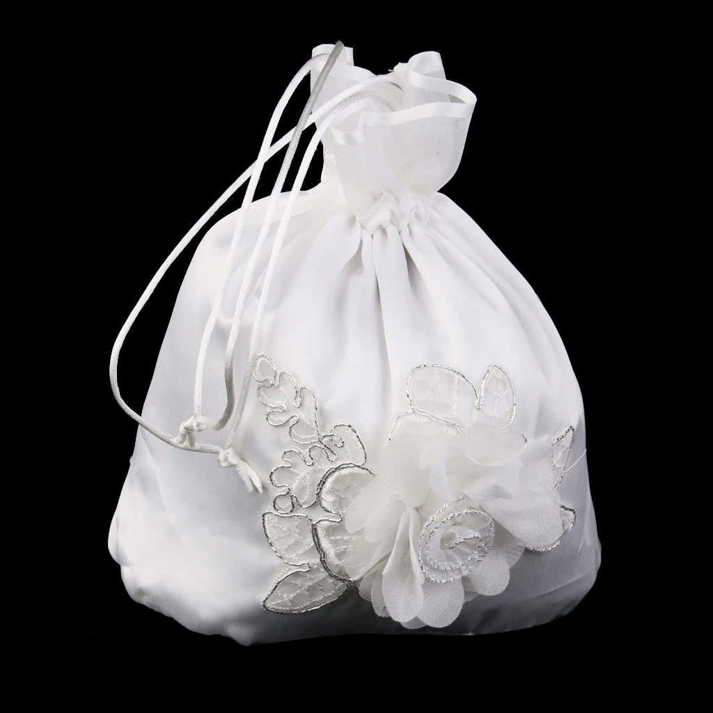 White Satin Bridal Wedding Clutch Flower Money Bag Drawstring Pouch Wristlet Handbag Party Bags Bridesmaid Wedding Accessories