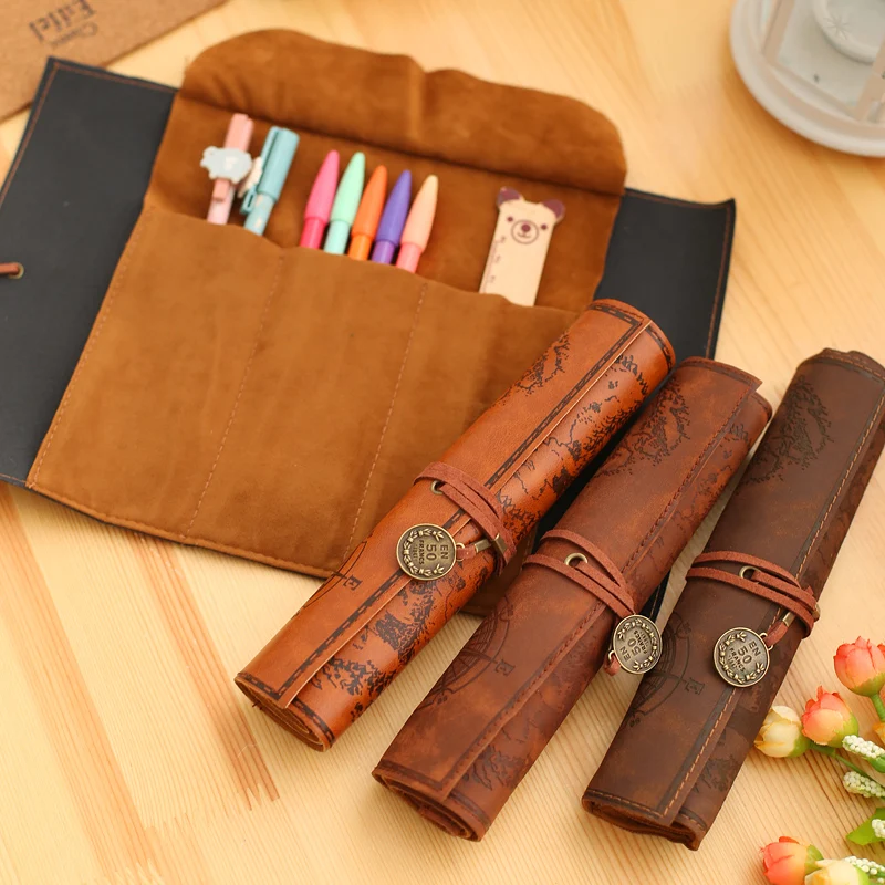 Vintage Retro Treasure Map Pencil Cases Luxury Roll Leather PU Pen Bag Pouch for Stationery School Supplies Make Up Cosmetic Bag