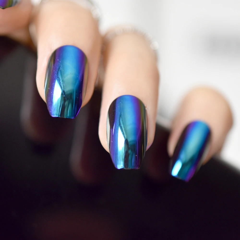 Ballerina Coffin Nails Tips Mirror Chrome Reflection False Nail Magic Mirror Effect Holo Blue Purple Fake Nails