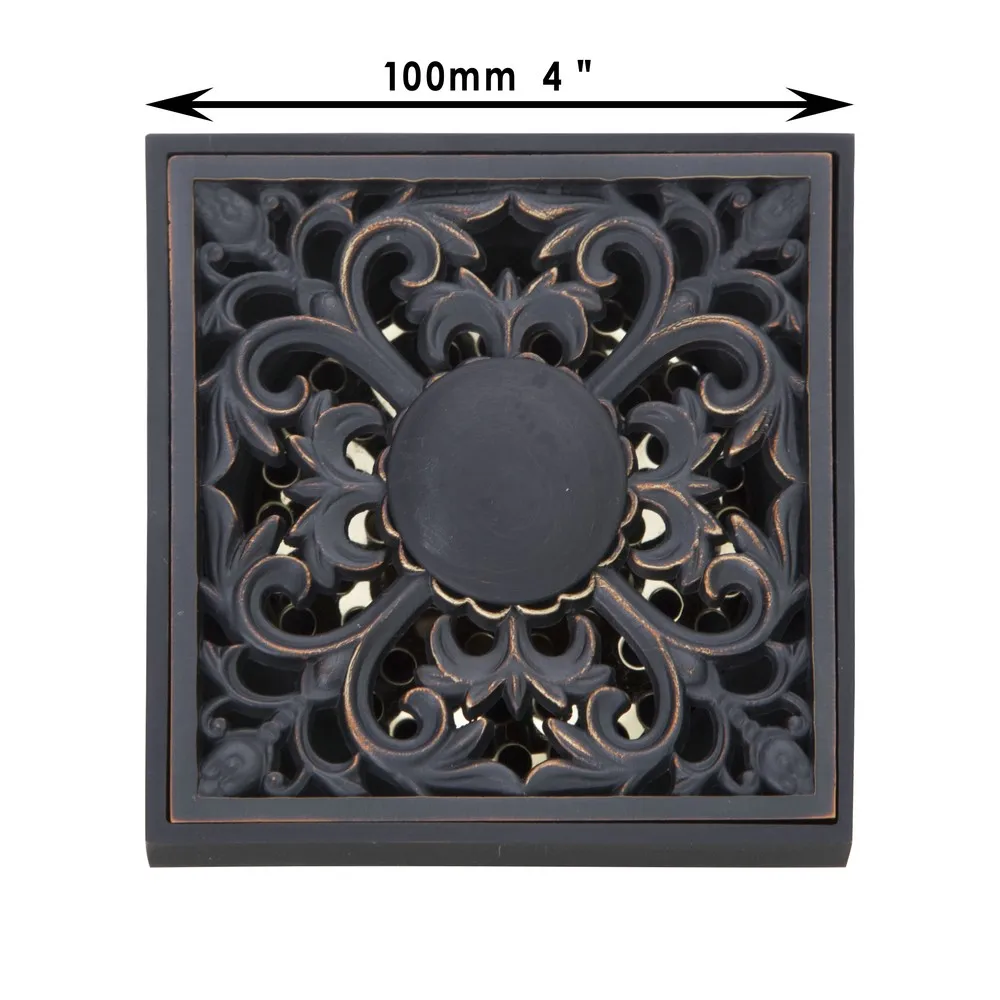 JIENI Oil Rubbed Black Bronze Flower Modern Exquisite Carved Floor Drain 4 Inch Square Shape Waste Drainer Floor Drain