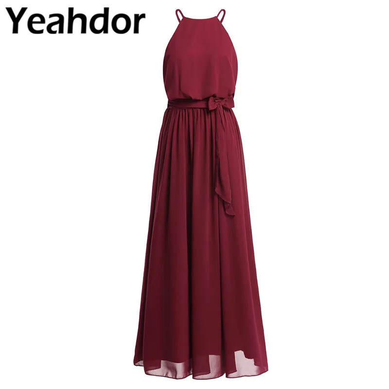 Women Ladies Elegant Chiffon Long Bridesmaid Dress Wedding Party  Sleeveless Halter Full Length Dress Prom Gown Vestido De Festa