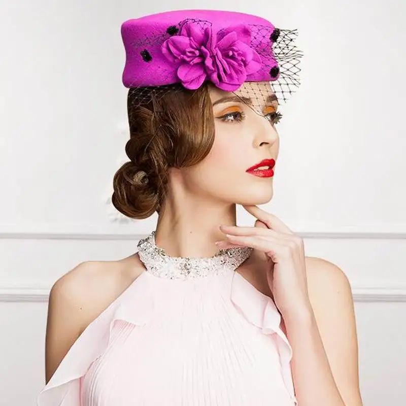 High Quality Lady Wool Fedoras Veil Flower Bowknot Hat Banquet Wedding Bride Vintage Hat For Women Church Classic Hat