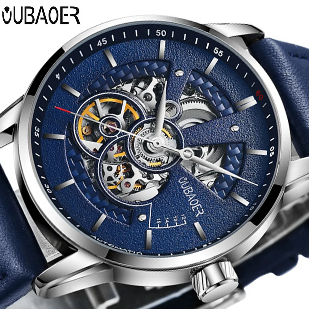 OUBAOER Mens Watches Top Brand Luxury Automatic Mechanical Watch Men Leather Business Waterproof Sport Watches Relogio Masculino