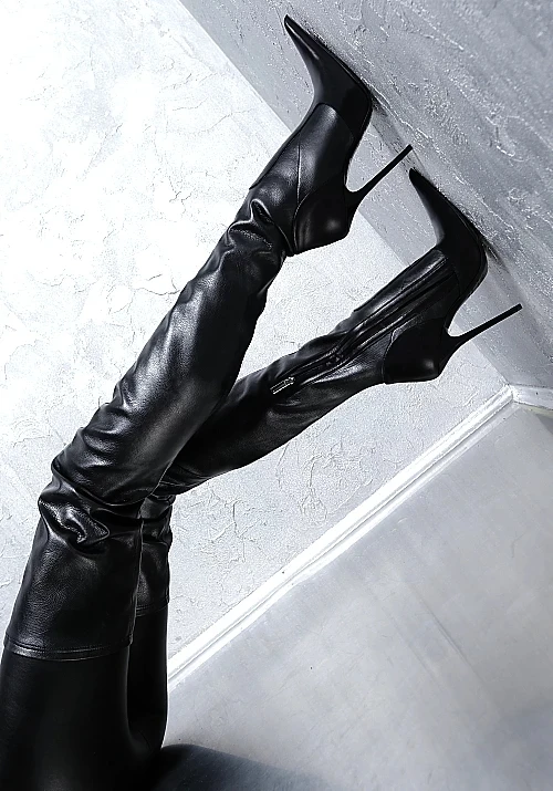 Chaussures femme winter motorcycle black leather knee thigh high long boots sexy over the knee zipper high heel long botas 2010