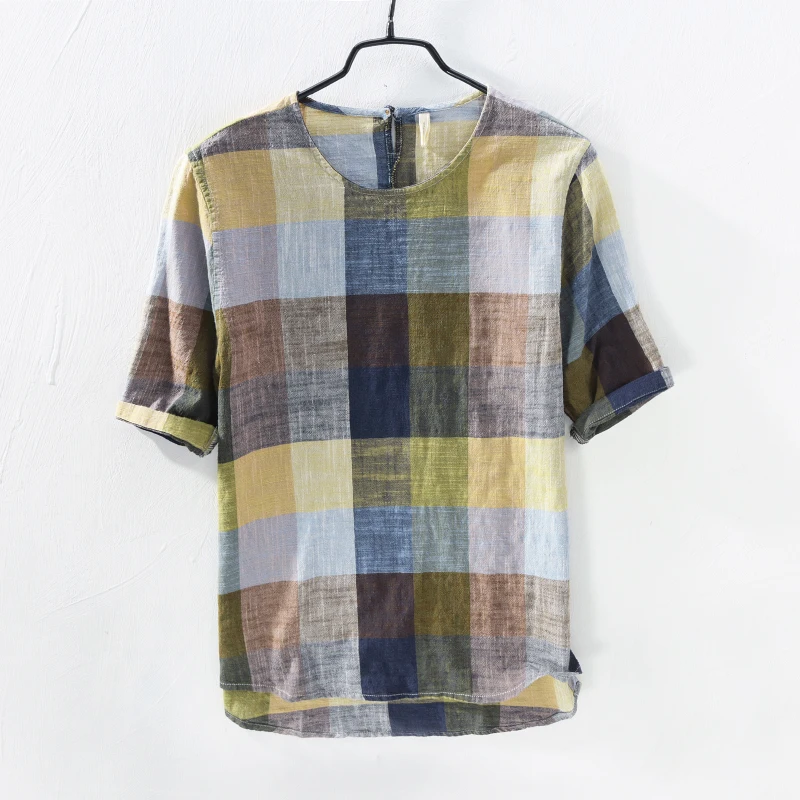 New designer cotton and linen art plaid men shirt loose retro fashion shirts for men short sleeve flax top men camisa masculina