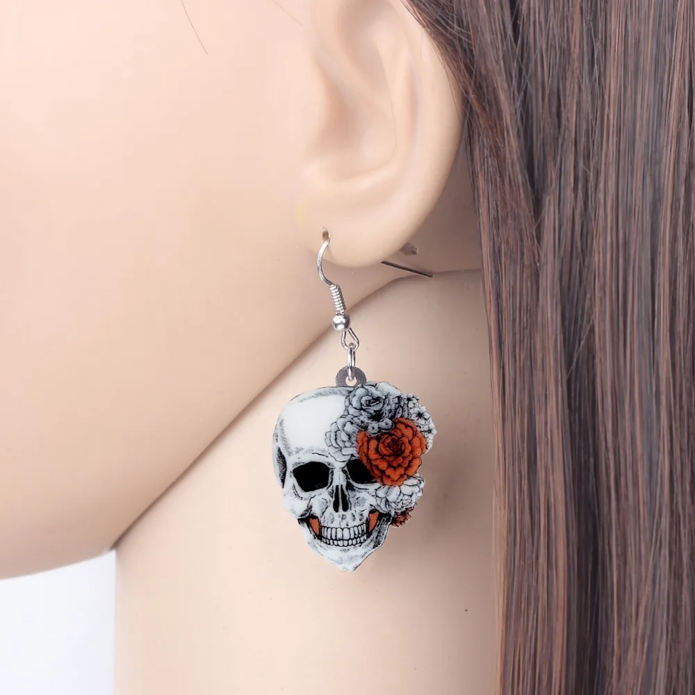 Bonsny Acrylic Halloween Rose Flower Skull Earrings Drop Dangle Big Long Fashion Punk Jewelry For Women Girls Ladies Accessories