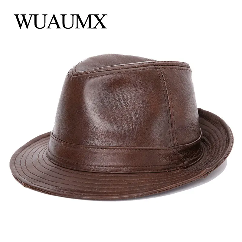 Genuine Leather Cow Leather Fedora Hat For Men Women Cowskin JAZZ Hats Flat Top Gentleman British Style Fedoras Panama