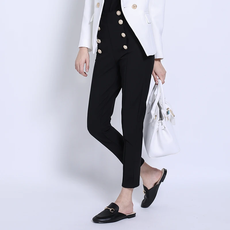 2023 Hot Selling Popular Style Elegant Women Solid Color Black & White Buttons Slim Penci Pants All-match Ankle-Length Capris