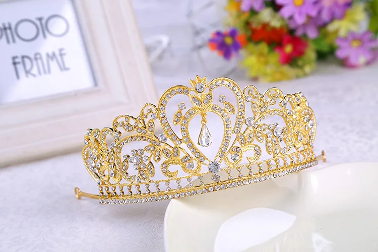 Baru Warna Emas Pink Tiara Pengantin Mahkota Kristal Berlian Imitasi Kontes Prom Pengantin Aksesori Rambut Ikat Kepala Pernikahan Tiara