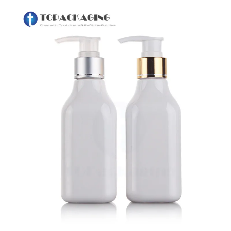 

30*200ML Lotion Pump Bottle Empty Square Plastic Cosmetic Container White Refillable Makeup Essential Oil Shampoo Aluminum Ring