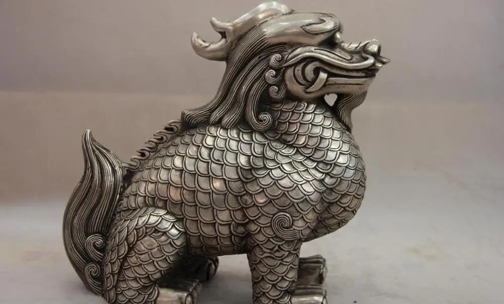 China White Copper Silver Animal Dragon kylin unicorn Foo Dog Lion Statue