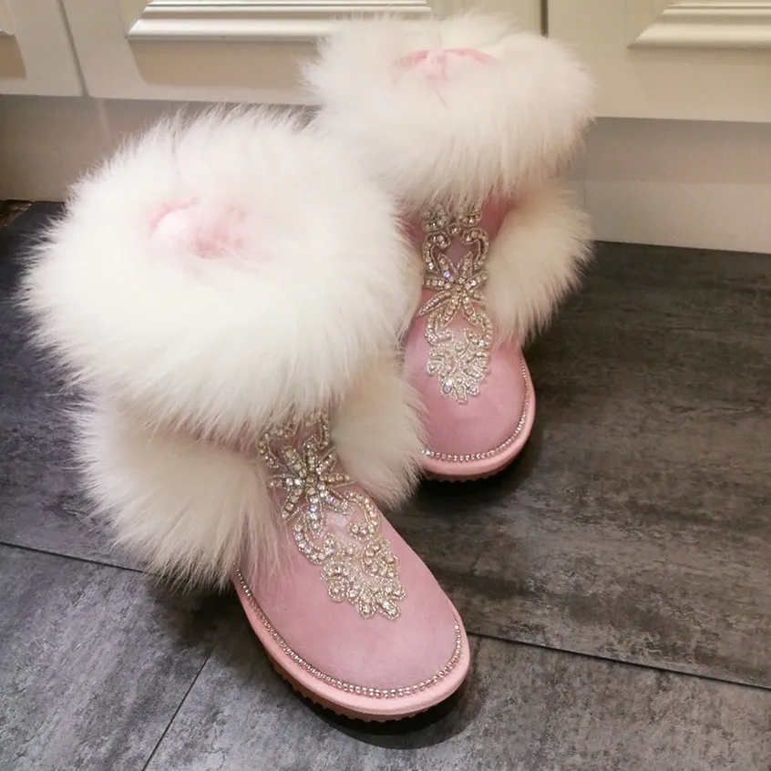 New Woman Bling Rhinestone Embellished Fox Fur  Snow Boots Winter Flat Warm Plush Sweet Crystal Handmade Ankle Boots Shoes