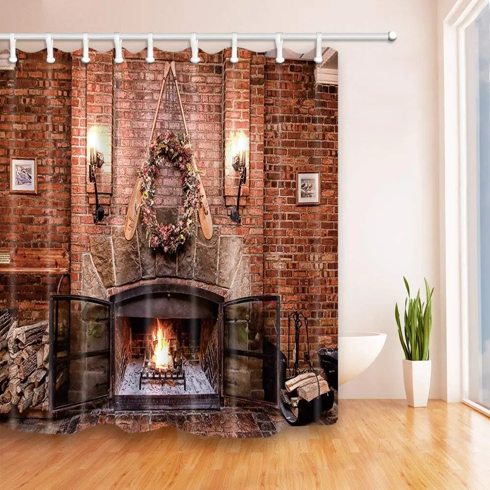 Wood Burnning in Fireplace under the Red Brick Shower Curtain Polyester Fabric Bathroom Fantastic Decorations Bath Curtains