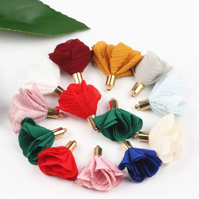 

100pcs Mix Color 30mm Flower Tassel For Keychain Cellphone Earring Silk Satin Fabric Flower Tassel Charms Diy Jewelry Findings