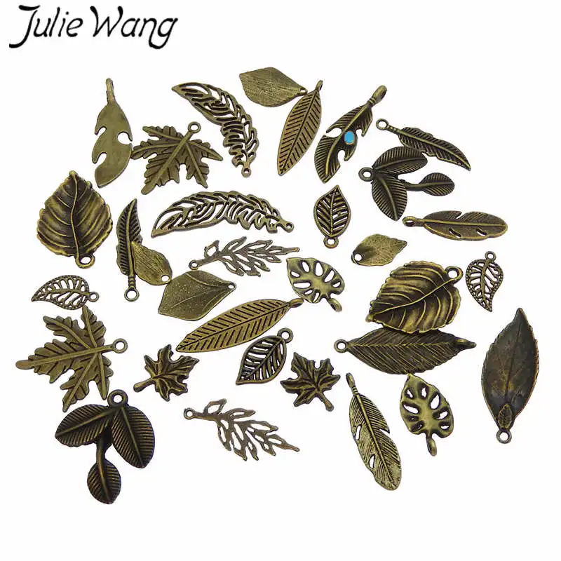 Julie Wang 10PCS Randomly Mix Vintage Leaves Charms Alloy Antique Bronze Leaf Bracelet Jewelry Making Pendant Accessory