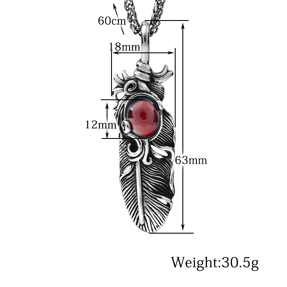 Red Opal pomegranate stainless steel feather pendant man necklace fashion mens jewelry