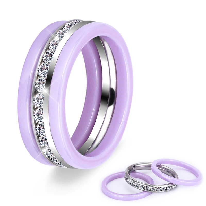 3pcs/Set Stainless Steel Ceramic Women Rings With Bling Crystal Purple Pink Blue Black White Women Rings Wedding Christmas Gift