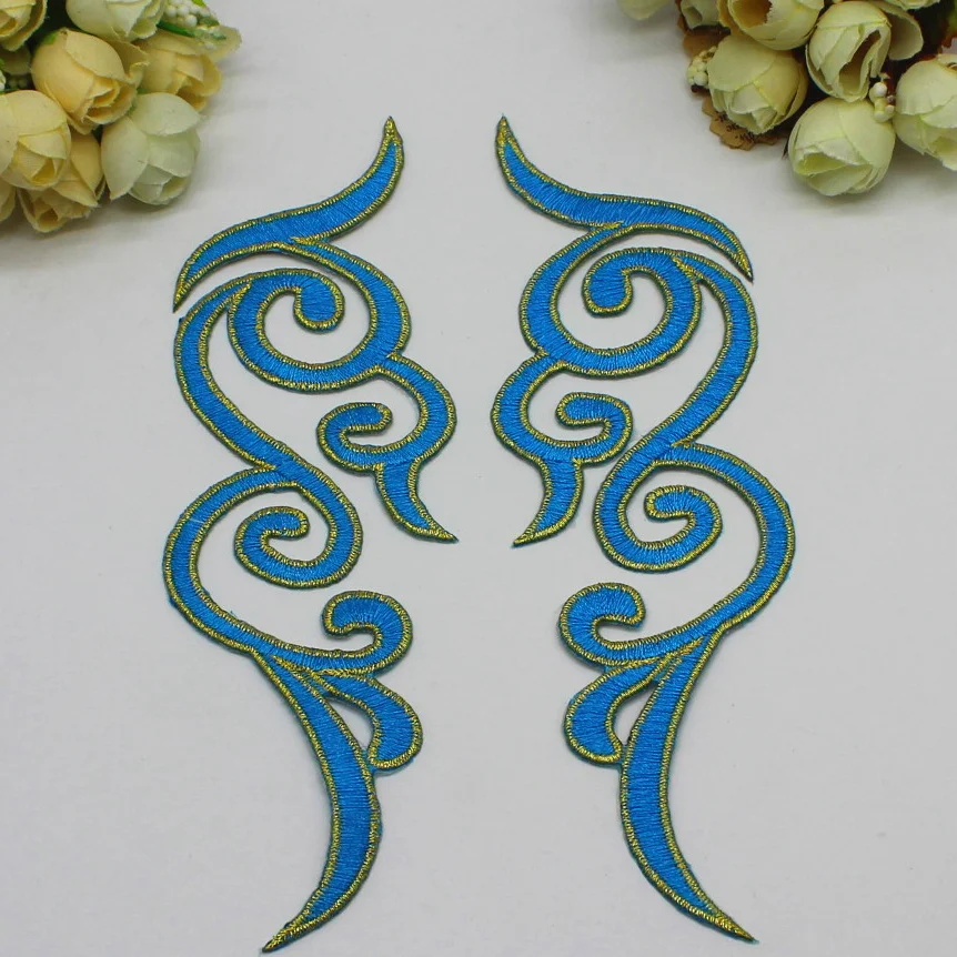 1 paio di ferro su Appliques finiture ricamate in oro abito Cosplay fai da te pizzo Trim Mirrow coppia patch fiore Pad 18cm-5.0cm