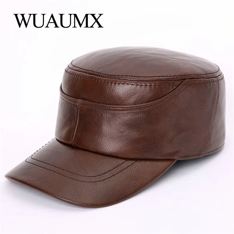 Cow Leather Military Hats For Men Winter Fall Warm Men's Genuine Leather Cowskin Hat Real Cowhide Flat Top Baseball Caps