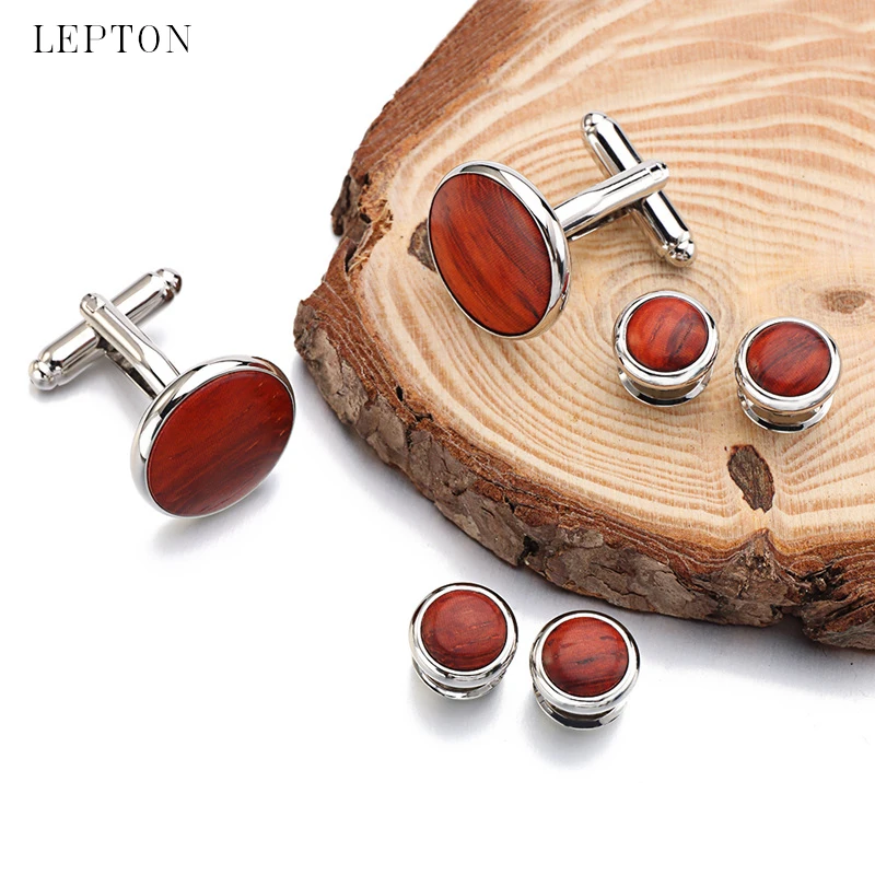 Lepton High Quality Round Wood Cufflinks tuxedo studs Sets Gold Color Plated  Mens cuff links Formal Business wedding Jewelry