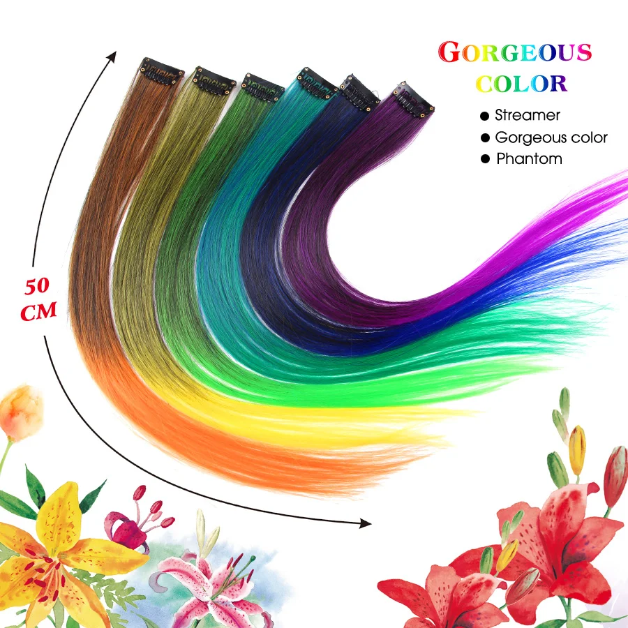 Festival Clip Hair 87Colors Synthetic Clip Hair Extensions Ombre Straight Curly Hairpieces 20\'\' Rainbow Highlights Hairpieces