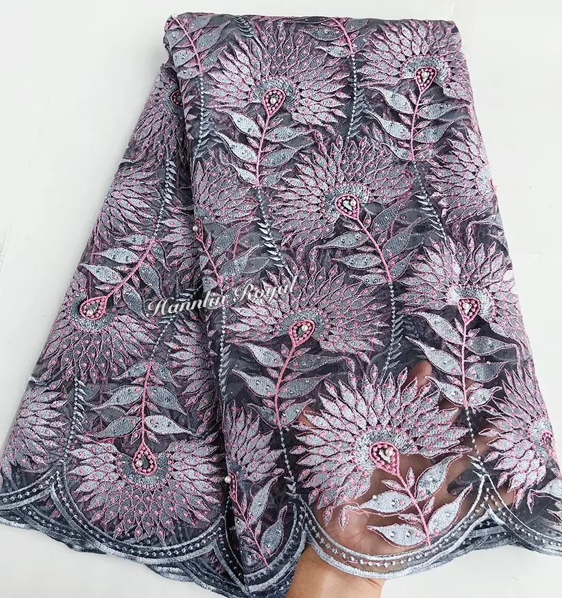 Pink Grey peacock embroidery African french lace latest Nigerian tulle fabric with lots of stones high quality