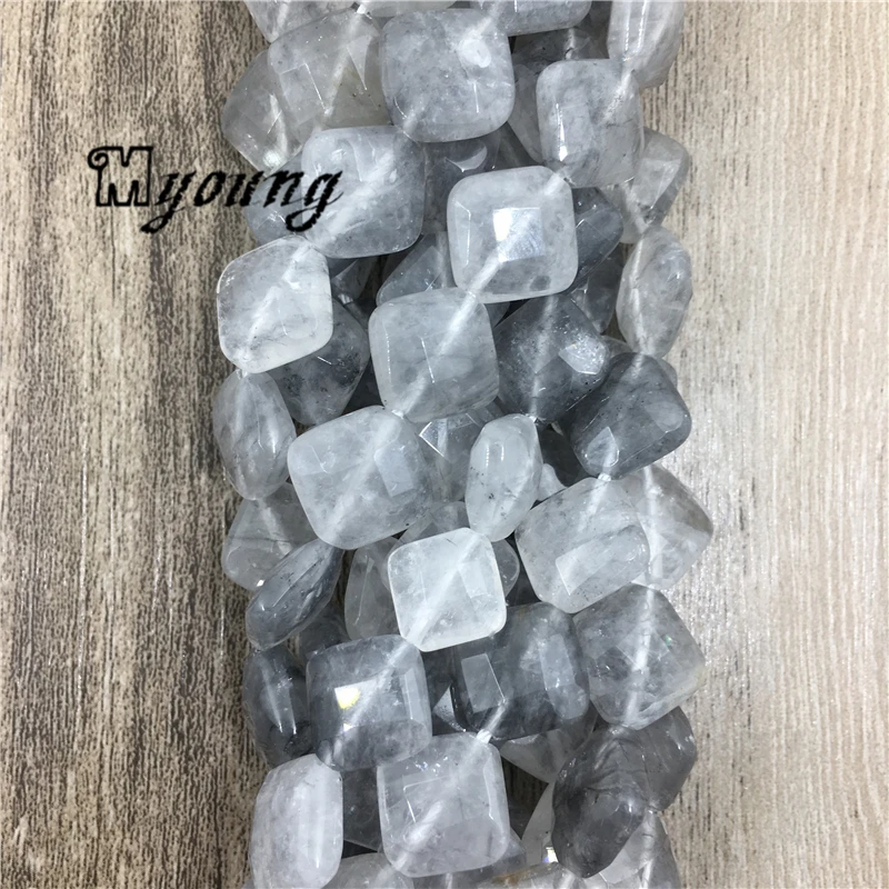 

Faceted Square Cloudy Quartz Slice Beads,Grey Cloudy Stone Strand Beads, High Quartz Hole Necklace Bracelet Beads, MY1586