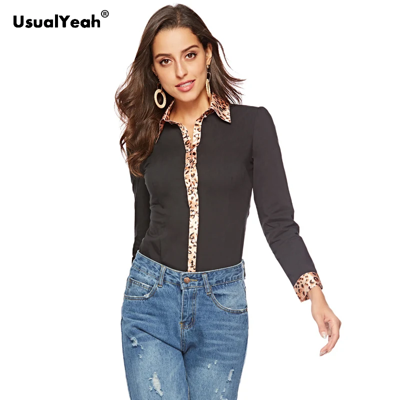 UsualYeah OL Shirts Leopard Front Long sleeve Cotton OL Body Blouse Formal Shirt Patchwork  Button Bodysuit blusas White Black