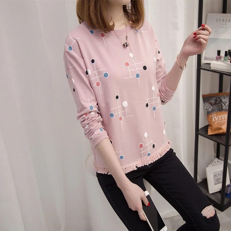 women Dot printed Tassels T-shirt 2021 spring autumn Casual Round Neck long Sleeve top Fashion Loose Street Top Female plus siz