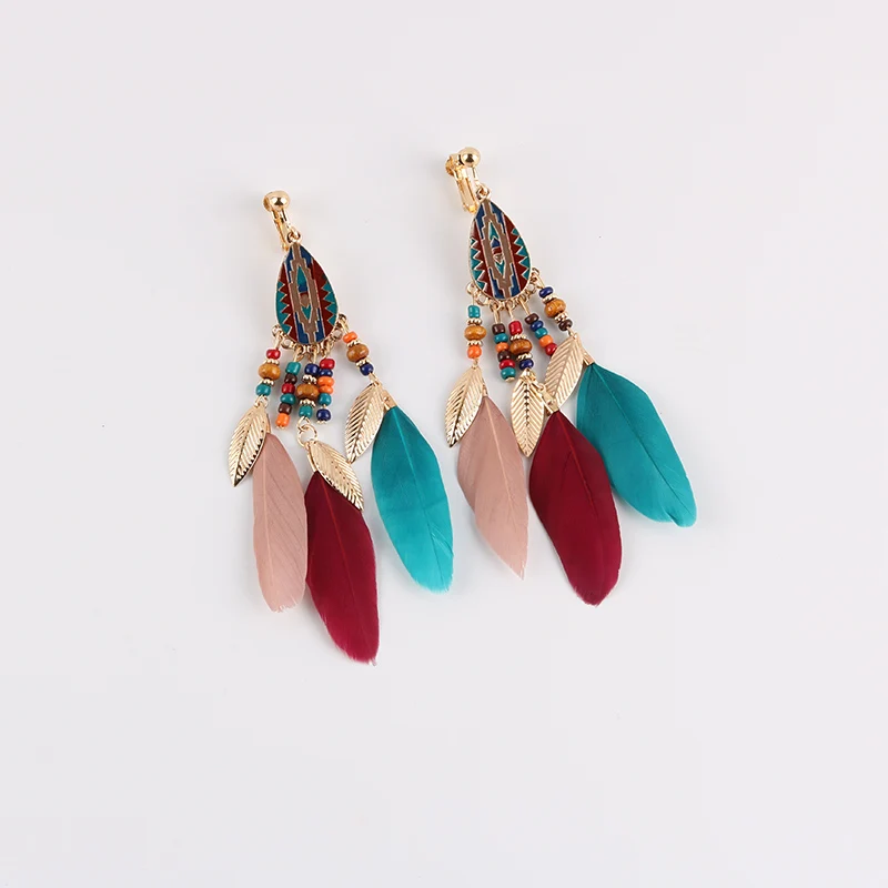 Fashion Bohemian Long Tassel Enamel Feather Clip on Earrings for Women Without Piercing Hanging Ear Clips Female Bijoux 2018