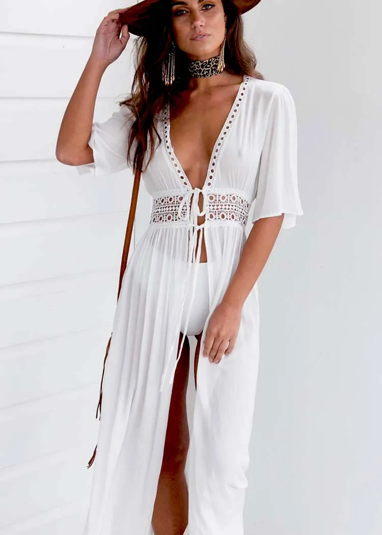 Parbones-Robe de plage blanche à manches courtes et col V pour femme, cover-up éducatif pour les maillots de bain, tunique pour la plage, vêtements