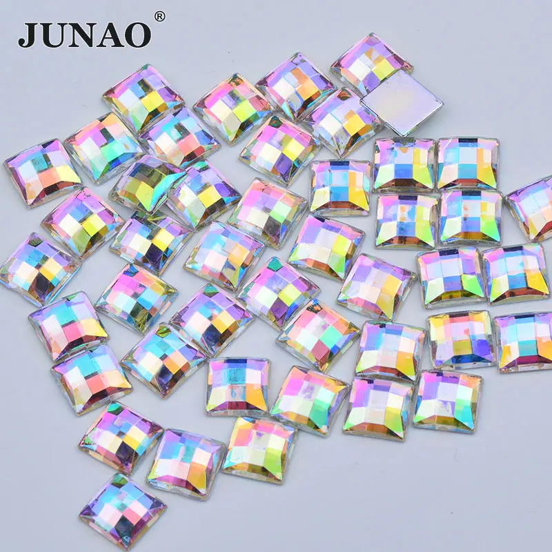 JUNAO 8 10 12 14 16 mm Crystal AB Square Rhinestone Applique Flatback Acrylic Strass Diamond Non Hotfix Crystal Stones Crafts