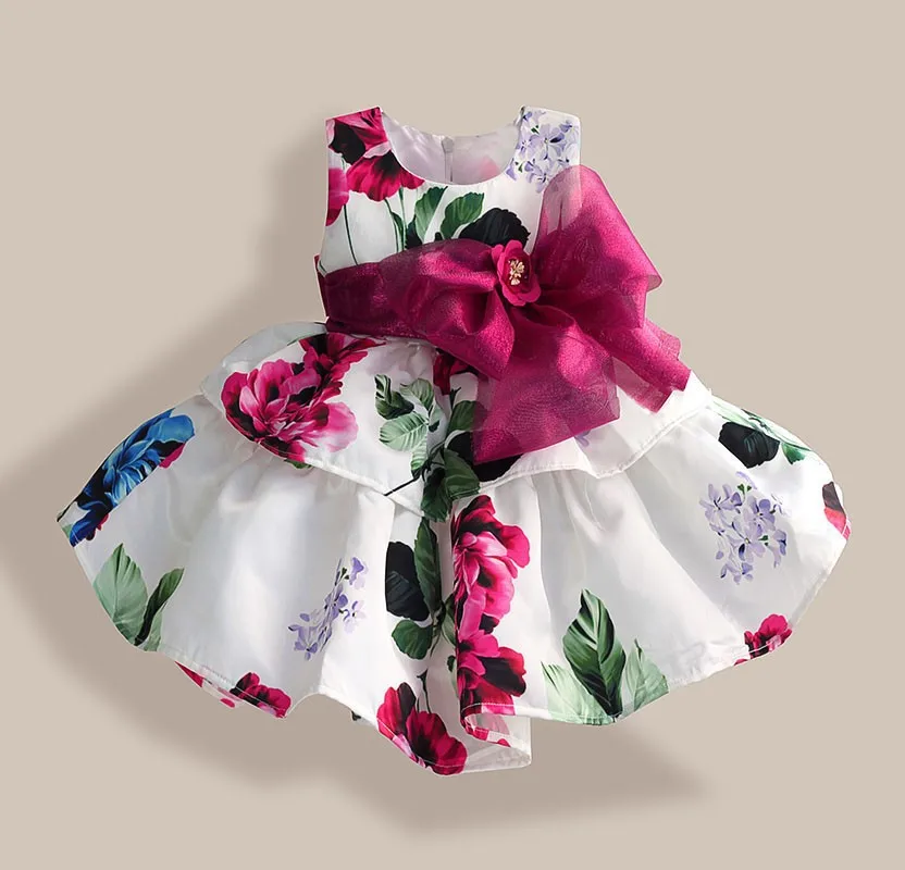 Super Bow Girls Dresses Fashion Silk Bow Rose Flower Print Sleeveless Girl Party Dress children clothing vestidos infantis 1-6T