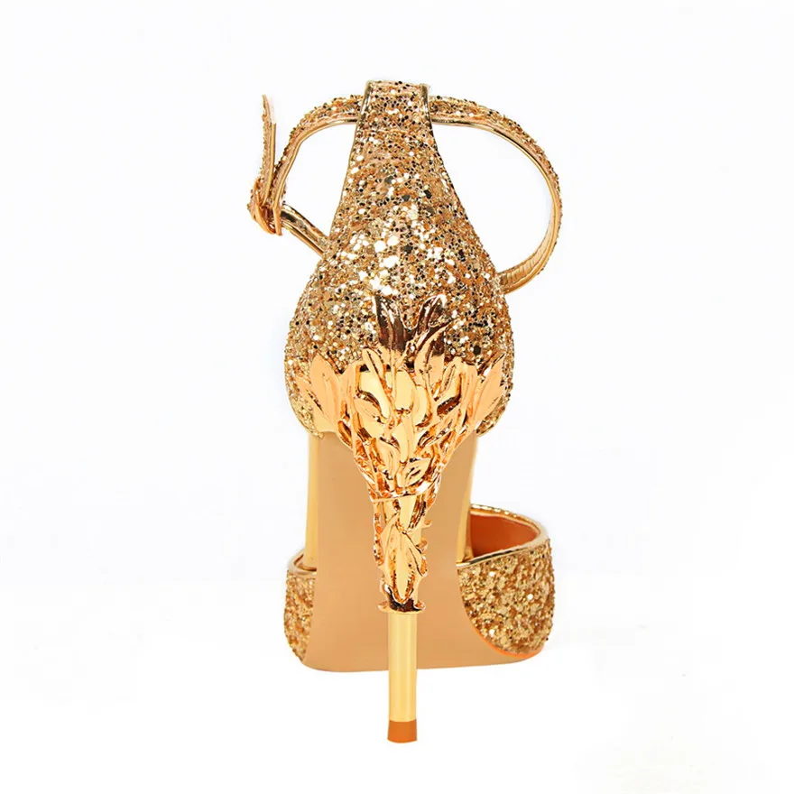 2022 Bling Thin Buckle Women Sandals Fashion Carved Metal High Heels Party Shoes Pointed Toe Gold Sequined Wedding Pumps Woman