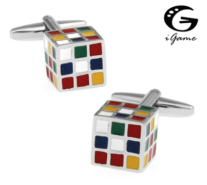 iGame Factory Price Retail Novelty Cufflinks Muti-color Brass Material 3D Magic Cube Design Cuff Links