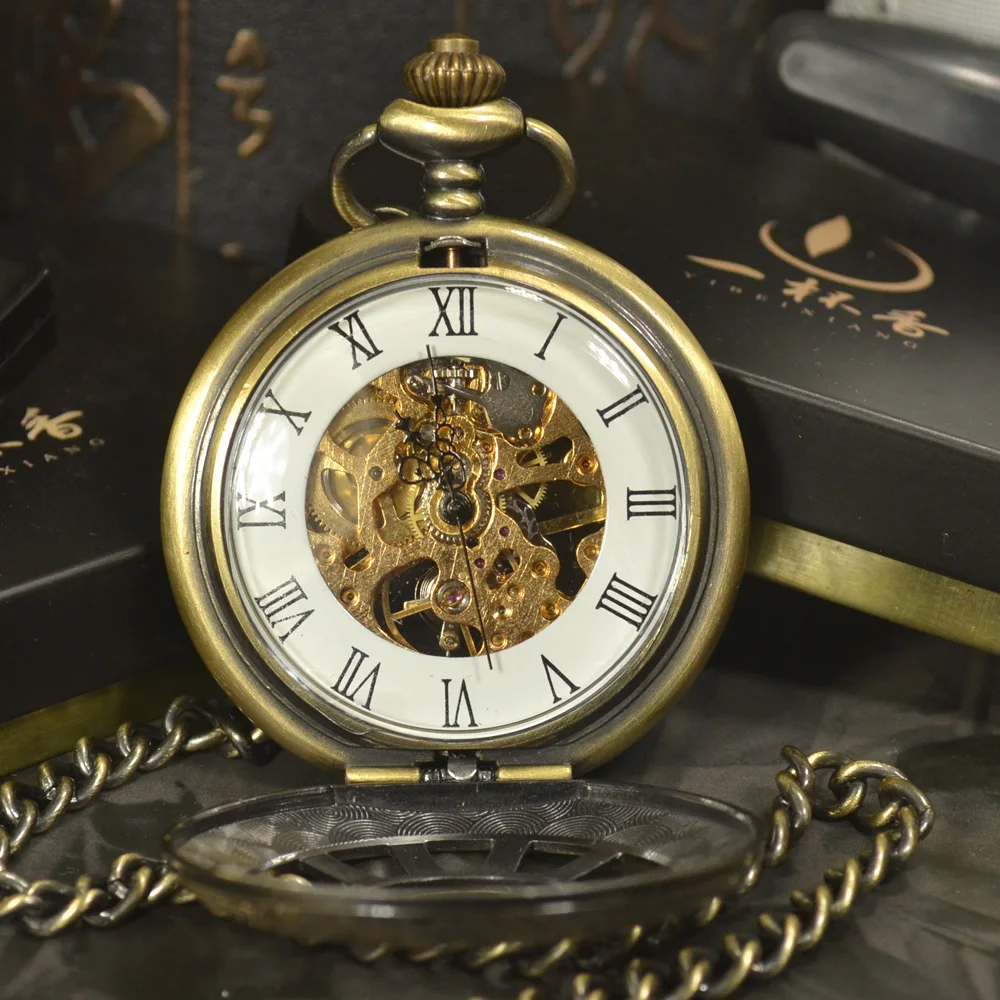 TIEDAN Steampunk Luxury Antique Bronze Skeleton Mechanical Pocket Watch Men Chain Necklace Business Casual Pocket Watches