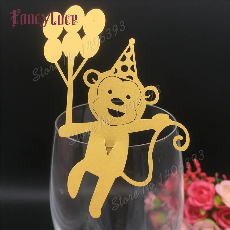 60Pcs Wedding Table Decoration Place Cards Kids Birthday Wedding Party Decoration Laser Cut Lovely Monkey Wine Glass Place Cards