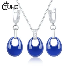 New Design Blue Water Drop Jewelry Set Elegant Temperament Never Lose Color Healthy Ceramic Earrings Necklace Bling Crystal Gift