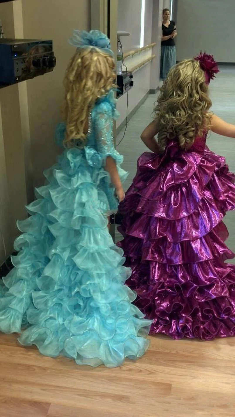 Sparly Pageant Dresses For Girls High Low Blue Kids Prom Dresses Organza Beads Half Sleeve Party Dresses for Flower Girl vestido