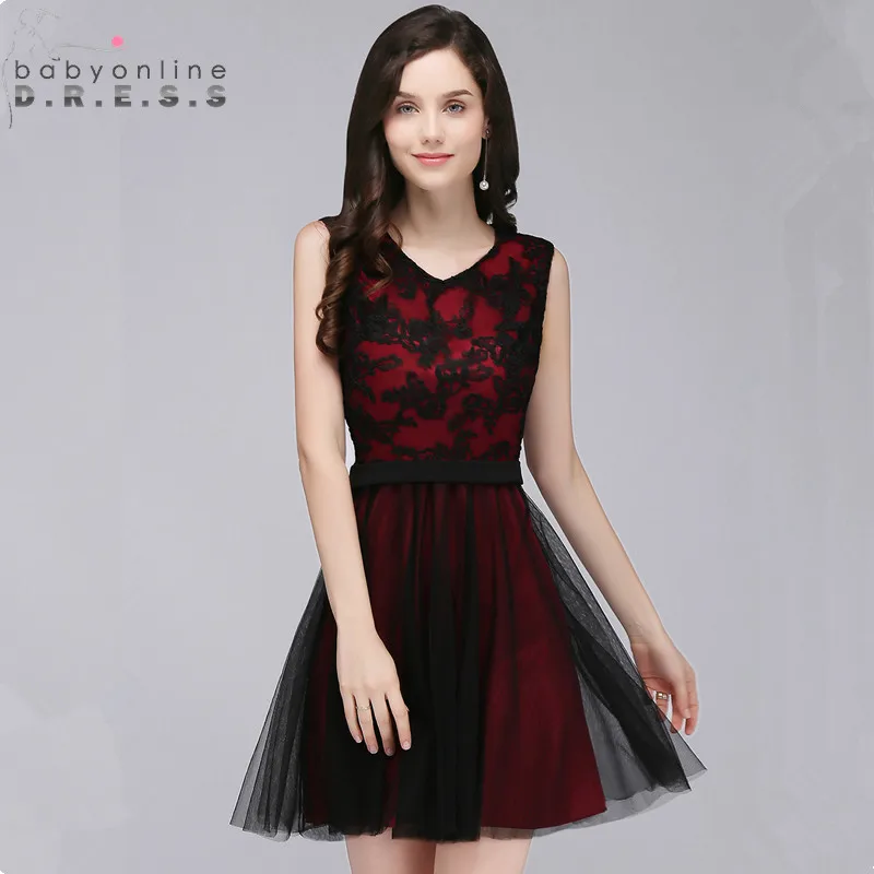 24 Hours Shipping Elegant Black Lace Homecoming Dresses Sweet A Line Sleeveless Short Graduation Dress Vestido de Festa Curto